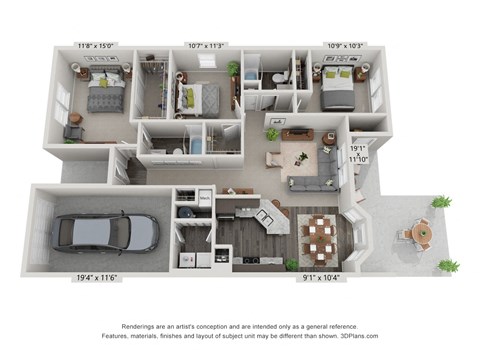 Floor plan for 3 beds, 2 baths, 1290 sqft